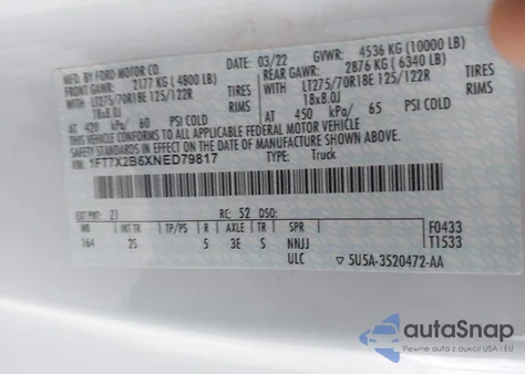 2022 Ford Super Duty F-250 Srw Xlt z USA, uszkodzony, nr VIN 1FT7X2B6XNED79817